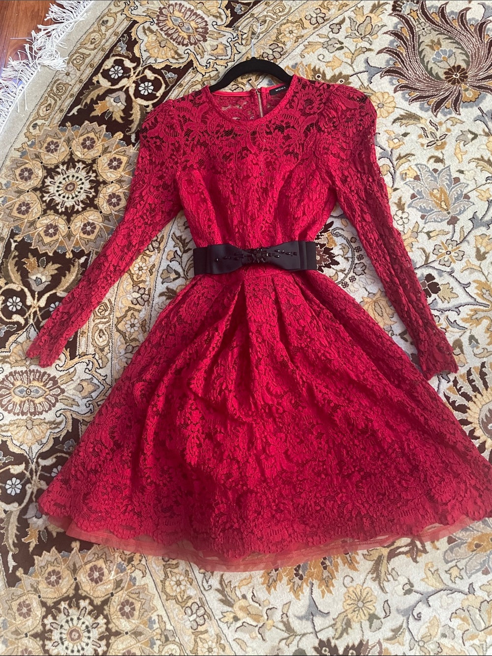 Red Lace Long-Sleeve Fit & Flare Dress